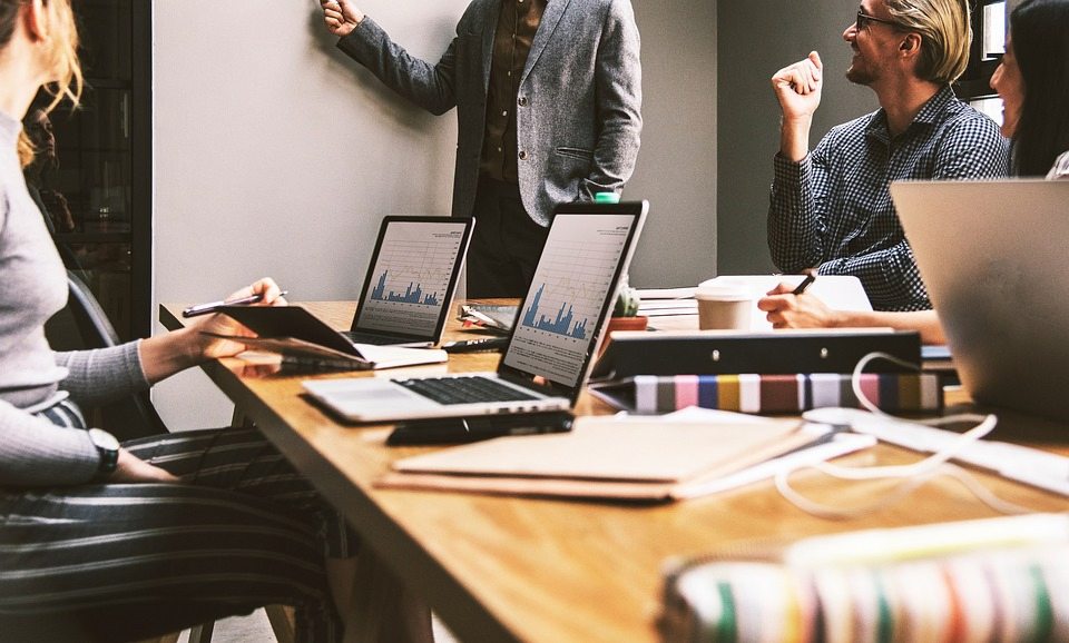 A professional team collaborating in a modern office.